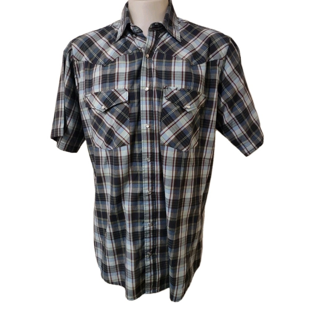 Western Shirt Bit & Bridle Plaid Blue LT Mens Short Slv. Snap Pearl Cowboy Retro